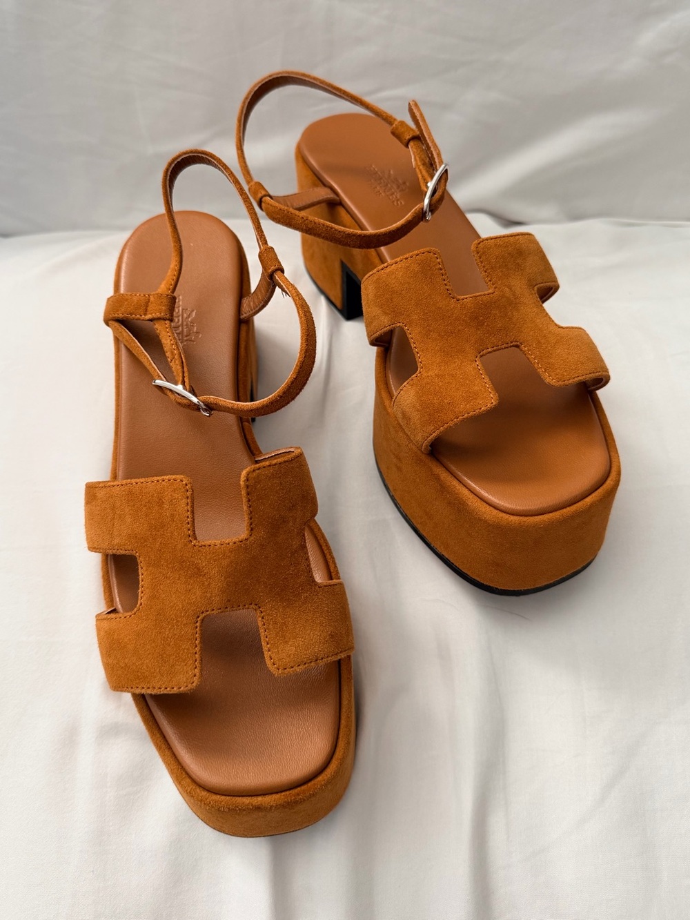 Hermes Jam 30 Gold Suede Goatskin Platform Sandals Size 37.5